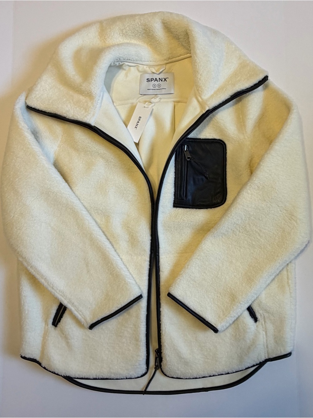 SPANX Cream Sherpa Zip Jacket with Black Trim